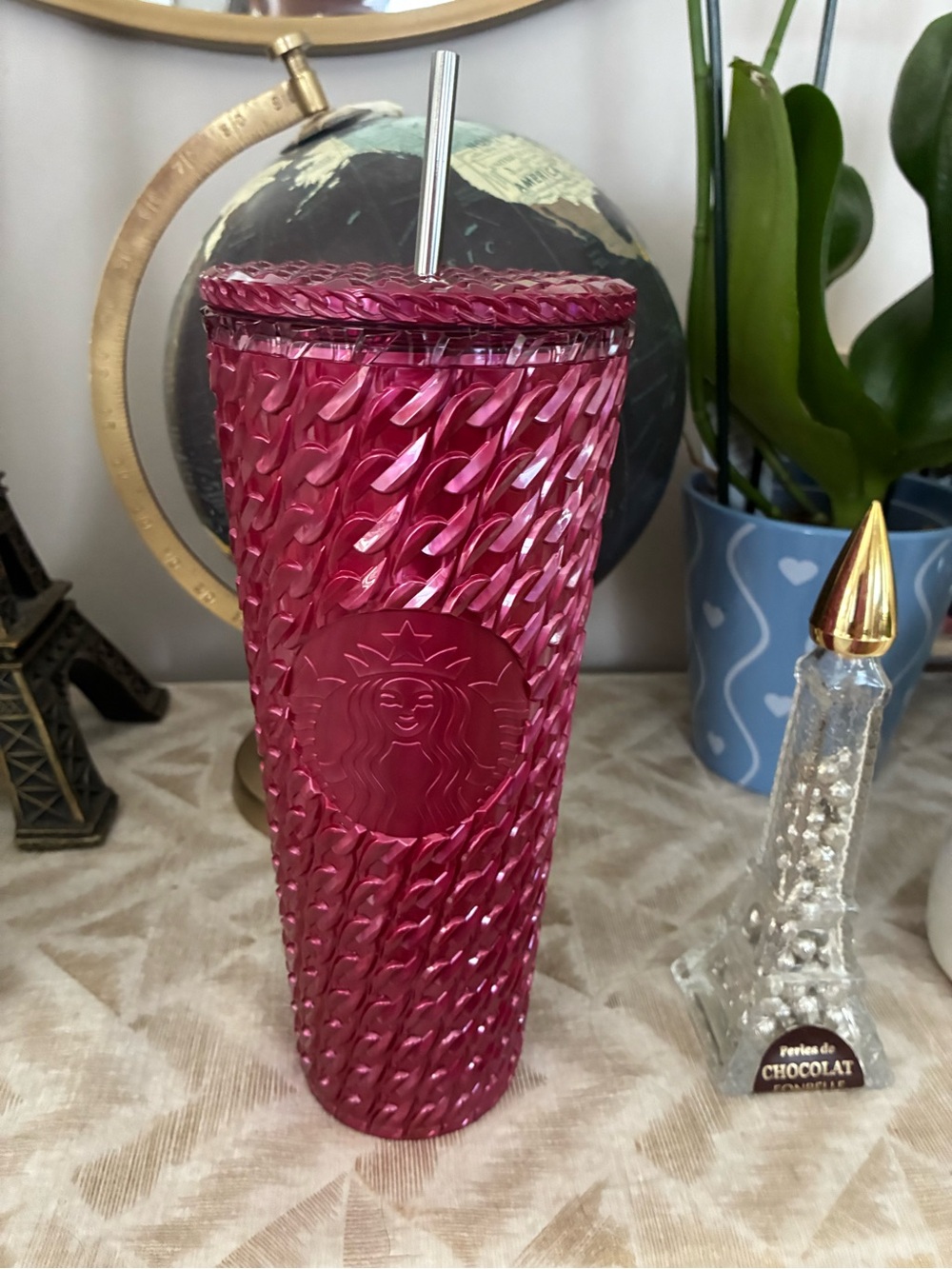 Starbucks Metallic Magenta Textured Tumbler with Metal Straw